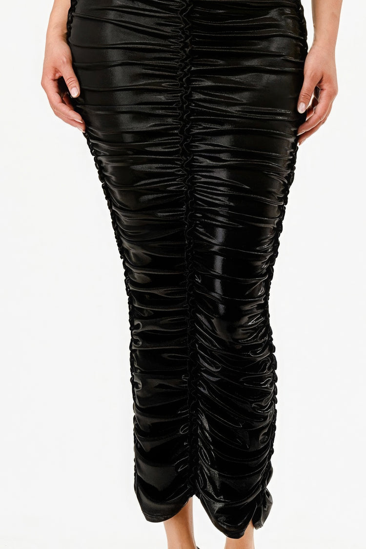 Metallic Ruched 3D Flower Halter Dress