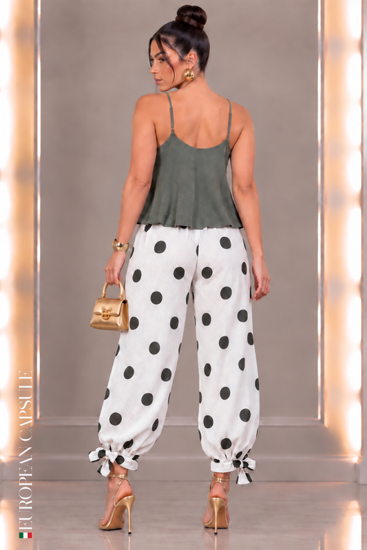 Italian Linen Polka Dot Ankle Tied Pants- White/Olive