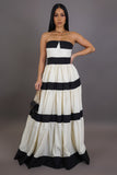 Cream & Black Striped Bowknot Elegant Maxi Dress