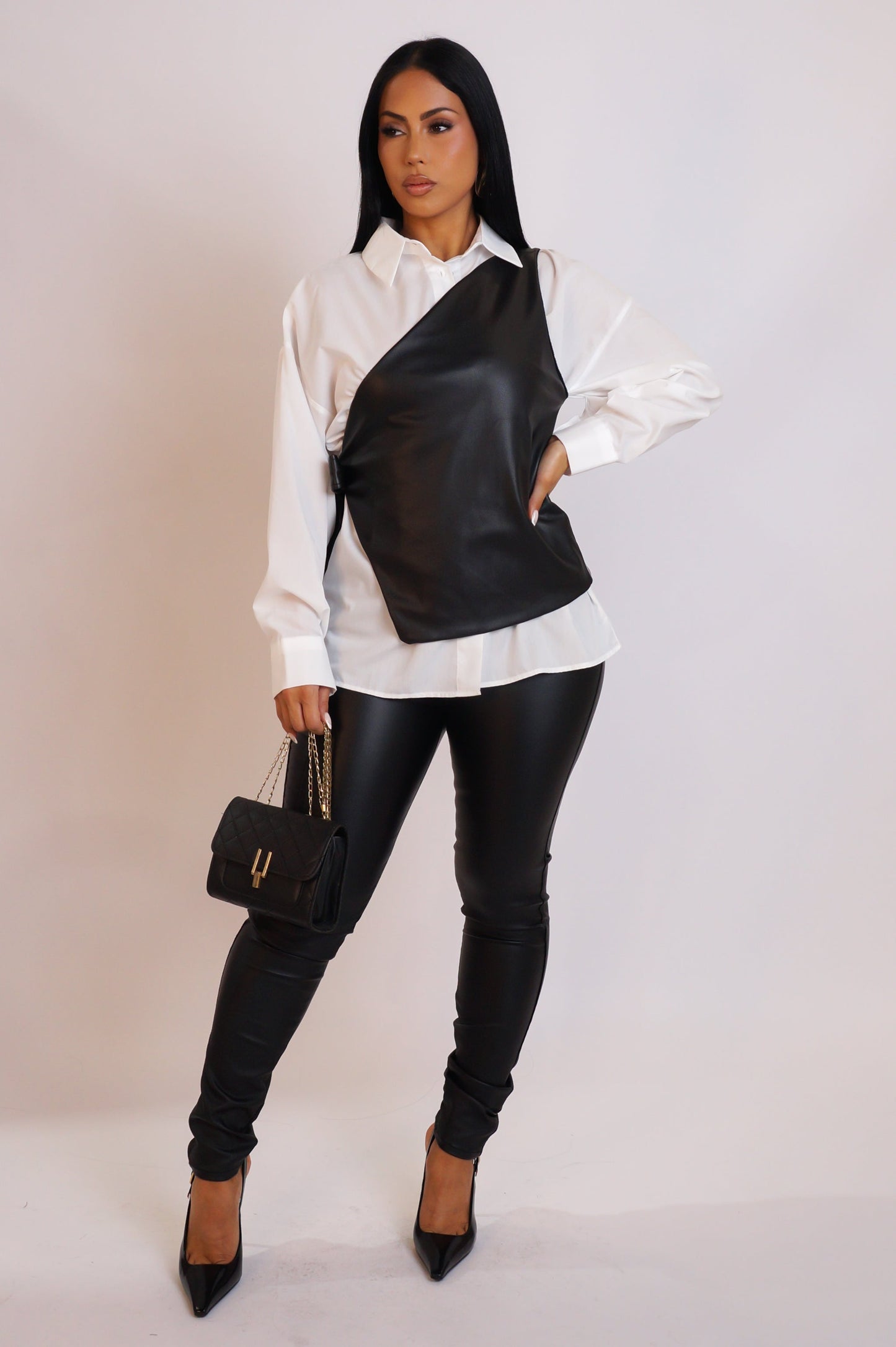 Lustrous Leather on Cotton Blouse