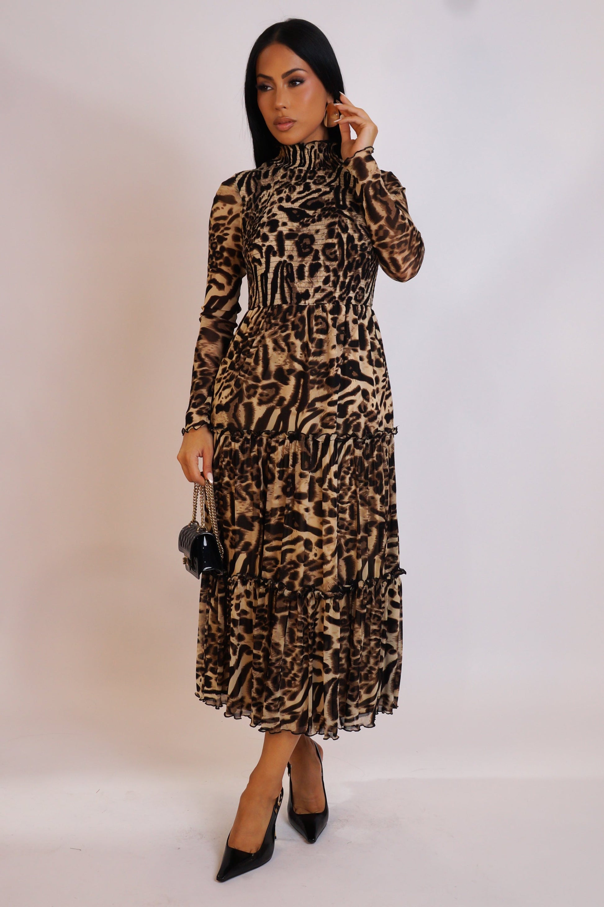 animal print tiered midi dress Animal Print Collar Split Neck Short Ruffle Sleeves Tiered Midi Dress Avenue 550