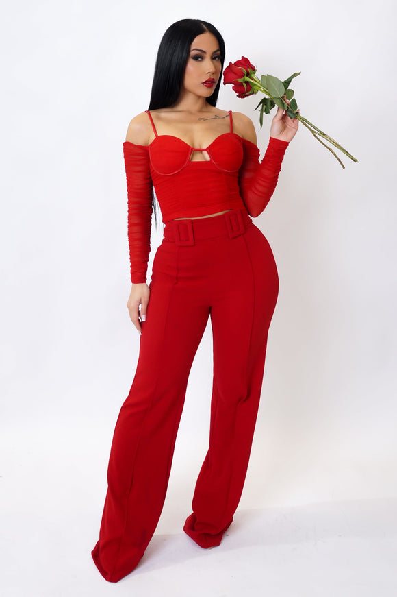 Red Belted Wide Leg Pants