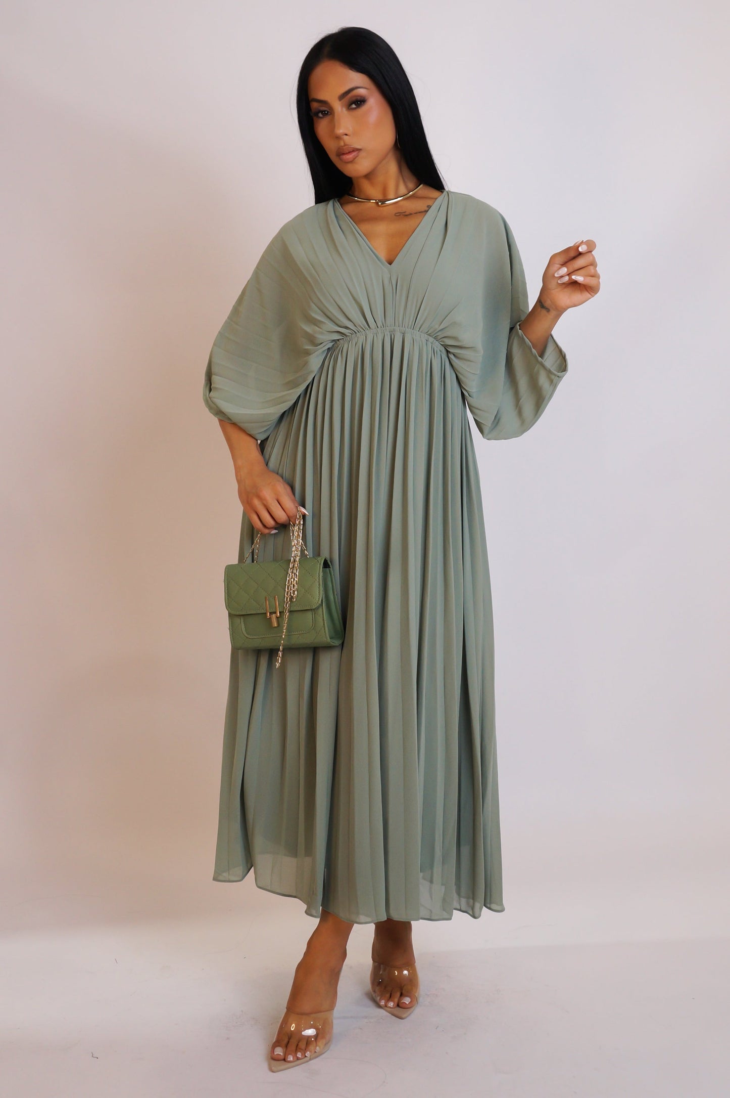 Exquisitely Endearing Loose Pleated Midi Dress- Green