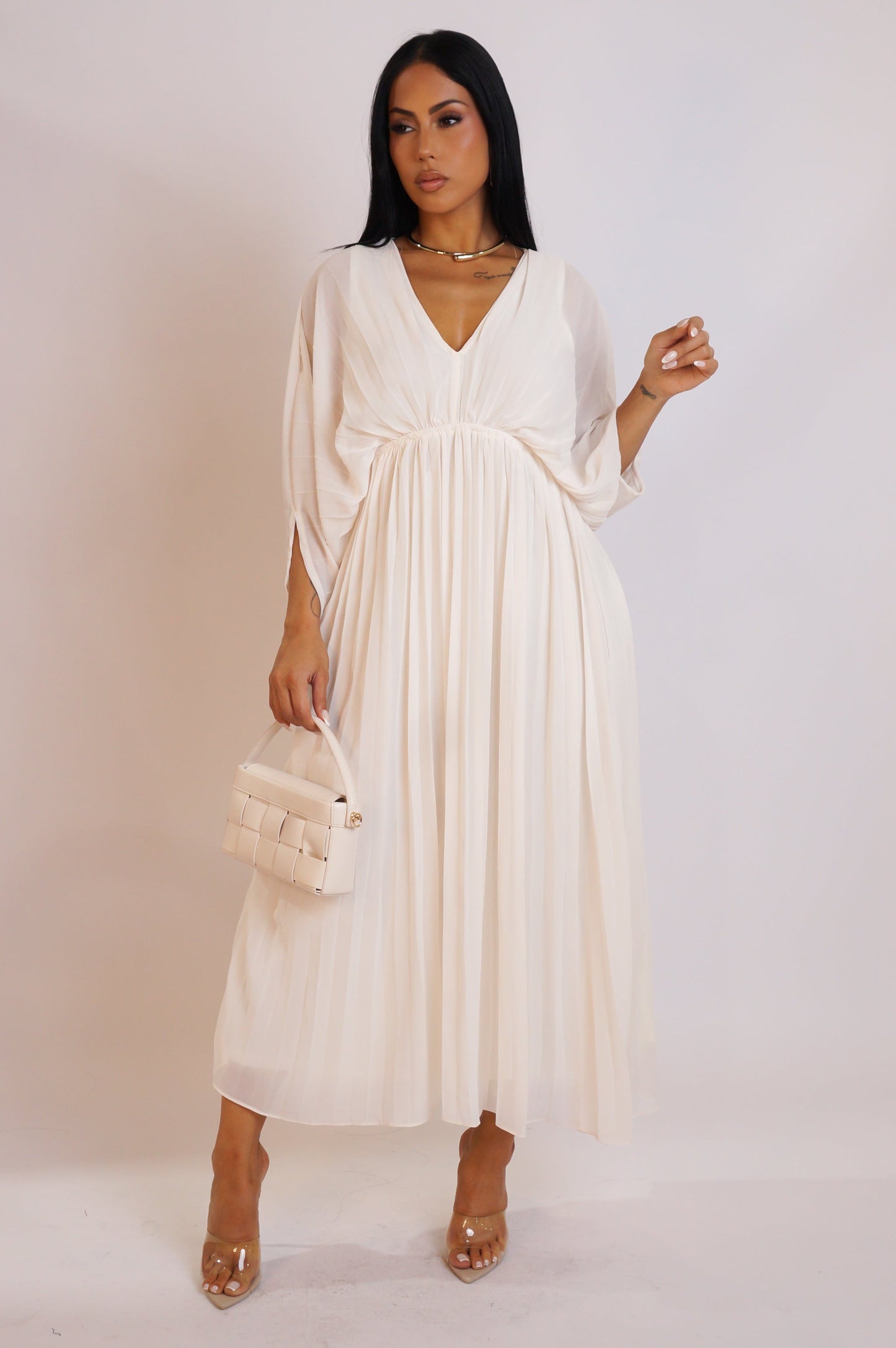 Exquisitely Endearing Loose Pleated Midi Dress- White