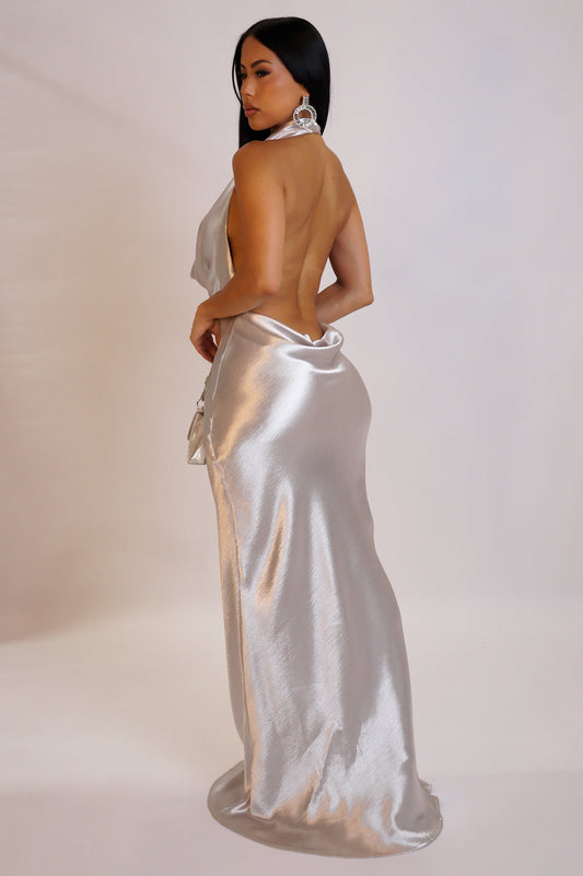 Keep it Sexy Silver Open Back Maxi Dress