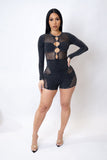 "Catch Up" Hollow Front Long Sleeve Part Mesh Sexy Romper-3 Colors