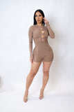 "Catch Up" Hollow Front Long Sleeve Part Mesh Sexy Romper-3 Colors