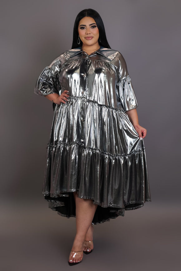 Plus Size Silver Metallic High Low Maxi Dress