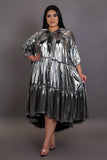 Plus Size Silver Metallic High Low Maxi Dress