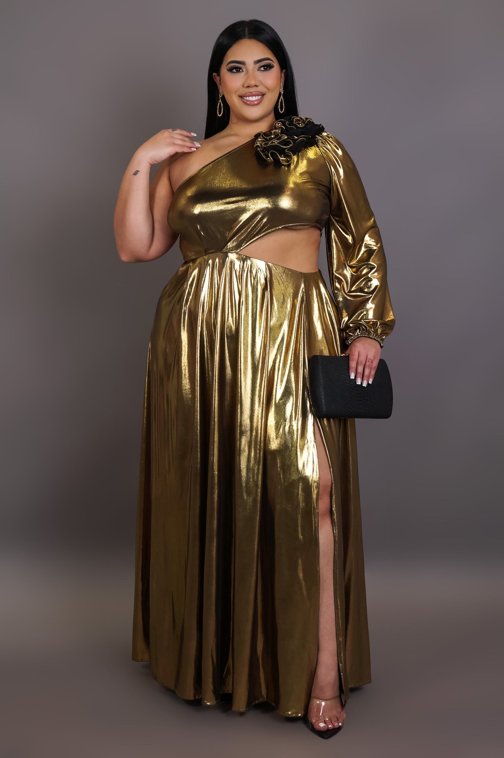 gold maxi dress plus size Plus Size Semi Formal Dress Gold Print Lantern Sleeve Maxi Dress With Belt
