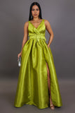 Apple Green Satin Belted Maxi Dress