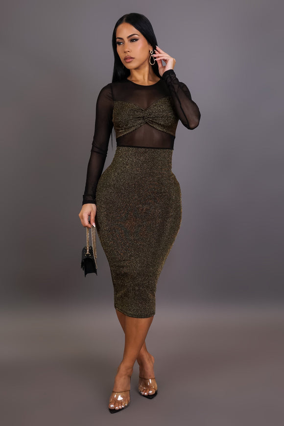 Holiday Gold Shimmer Mesh Midi Dress