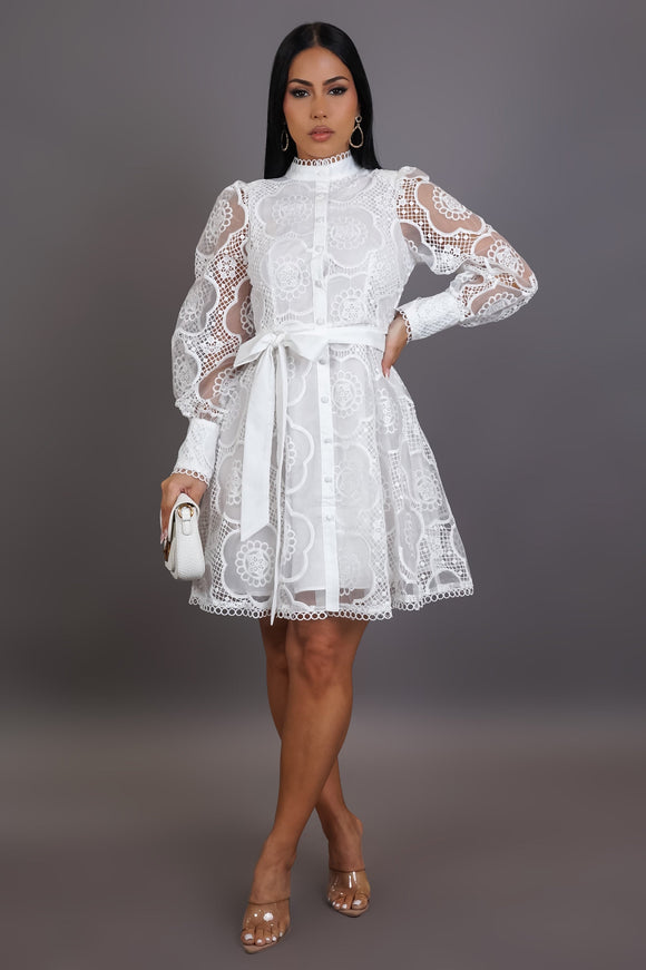 Modest Lace Mini Flare Dress- White