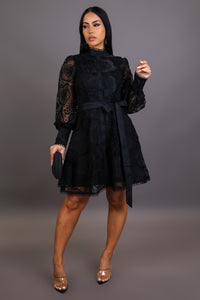 Modest Lace Mini Flare Dress- Black