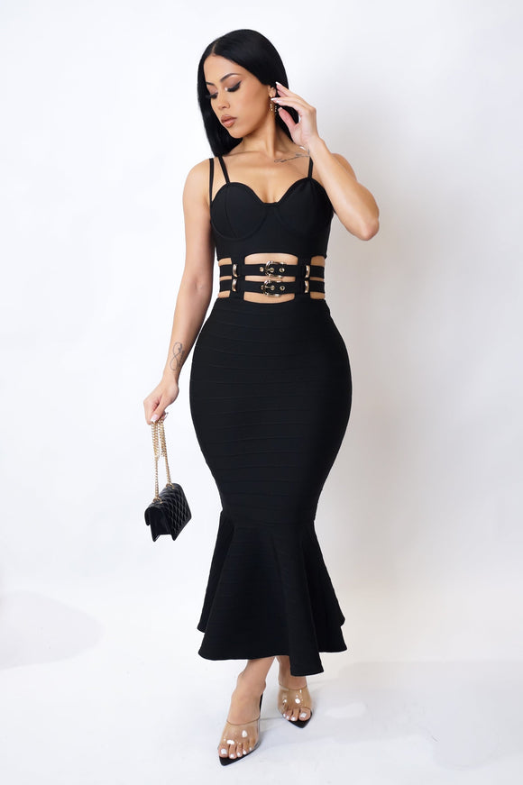 Top Buckled Black Midi Dress