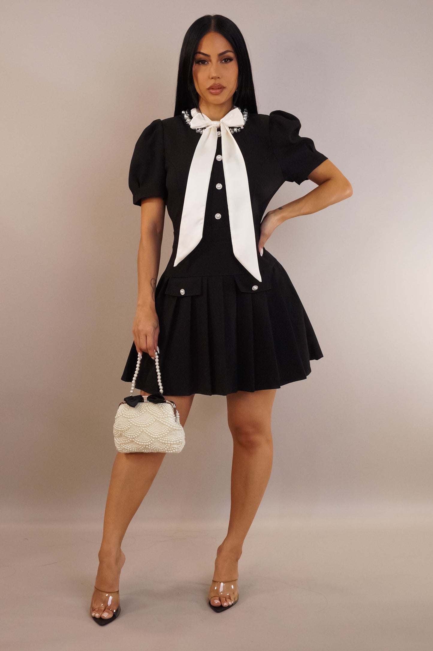 Bowtie & Pearls Schoolgirl Sexy Bottom Pleated Mini Dress