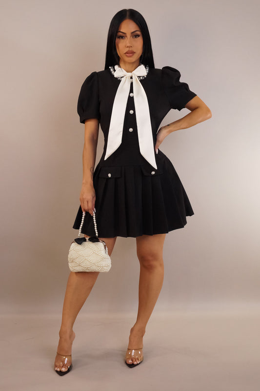 Bowtie & Pearls Schoolgirl Sexy Bottom Pleated Mini Dress