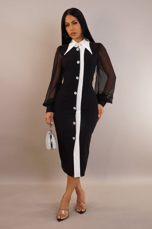 Black & White Contrast Collar Midi Dress