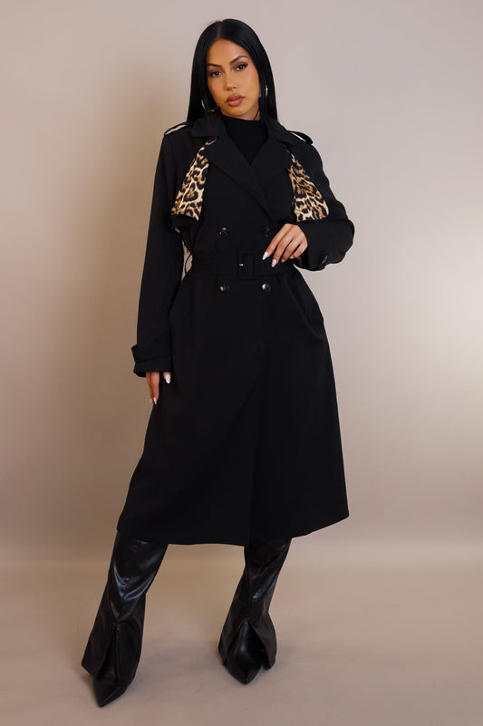 Animal Print Stitched Black Coat