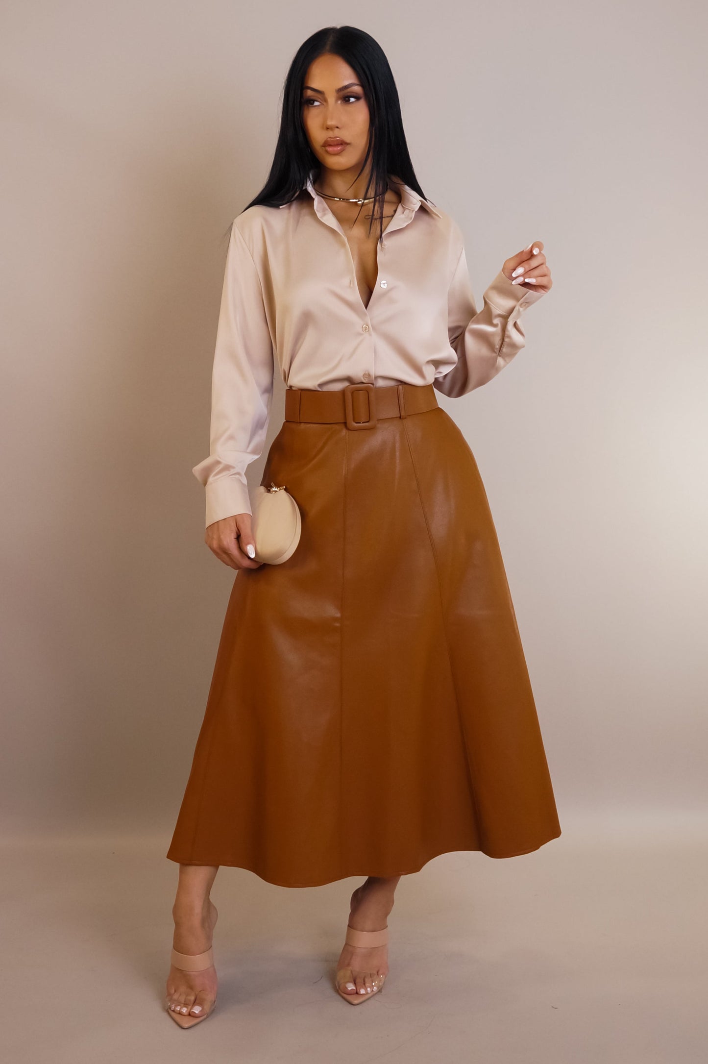 Belted Leather Midi Skirt- Brown