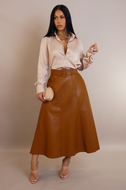Belted Leather Midi Skirt- Brown