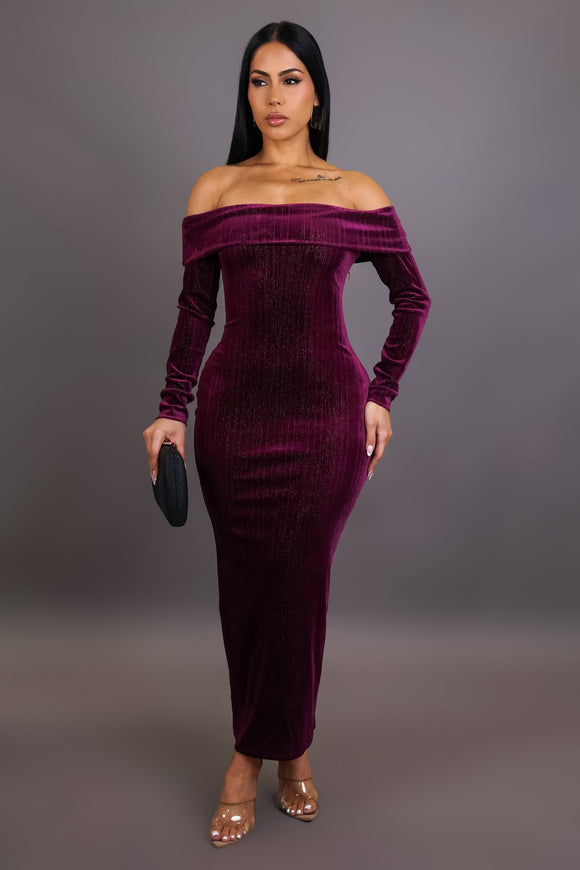 Shimmer Velvet Off Shoulder Dress