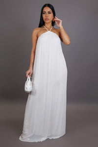 White Halter Pleated Maxi Dress