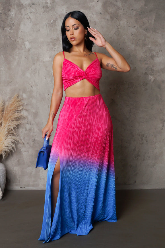 Pink & Blue Gradient Slit Maxi Skirt & Cropped Top Set