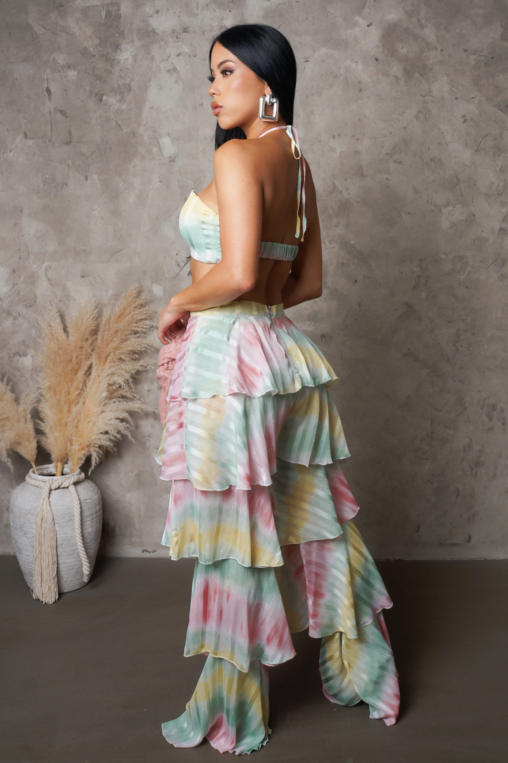 Cotton Candy Ruffled Tiered Pants & Cropped Halter Top Set