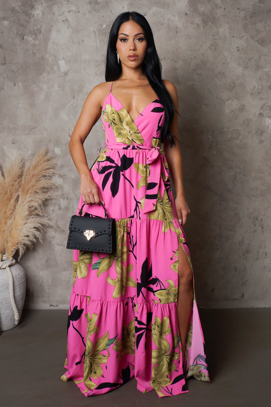 Pink Floral Slit Maxi Dress