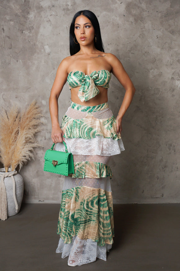Green Mesh Tiered Skirt & Bra Top Set