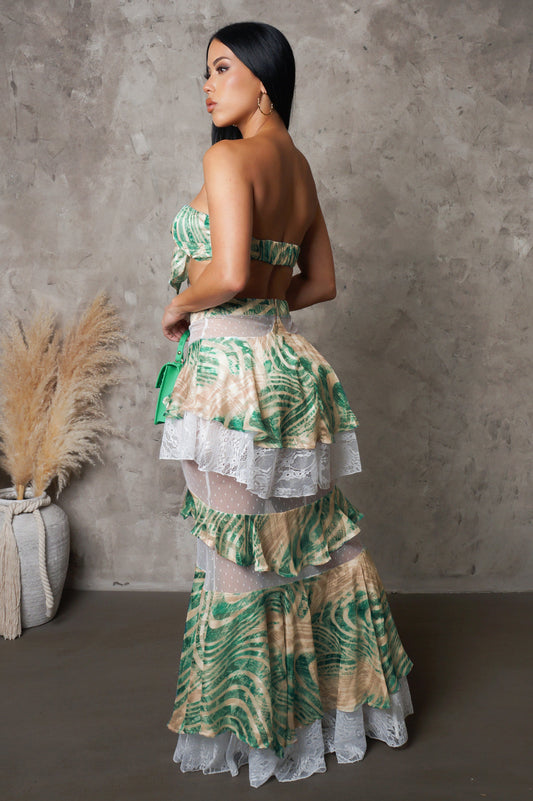 Green Mesh Tiered Skirt & Bra Top Set
