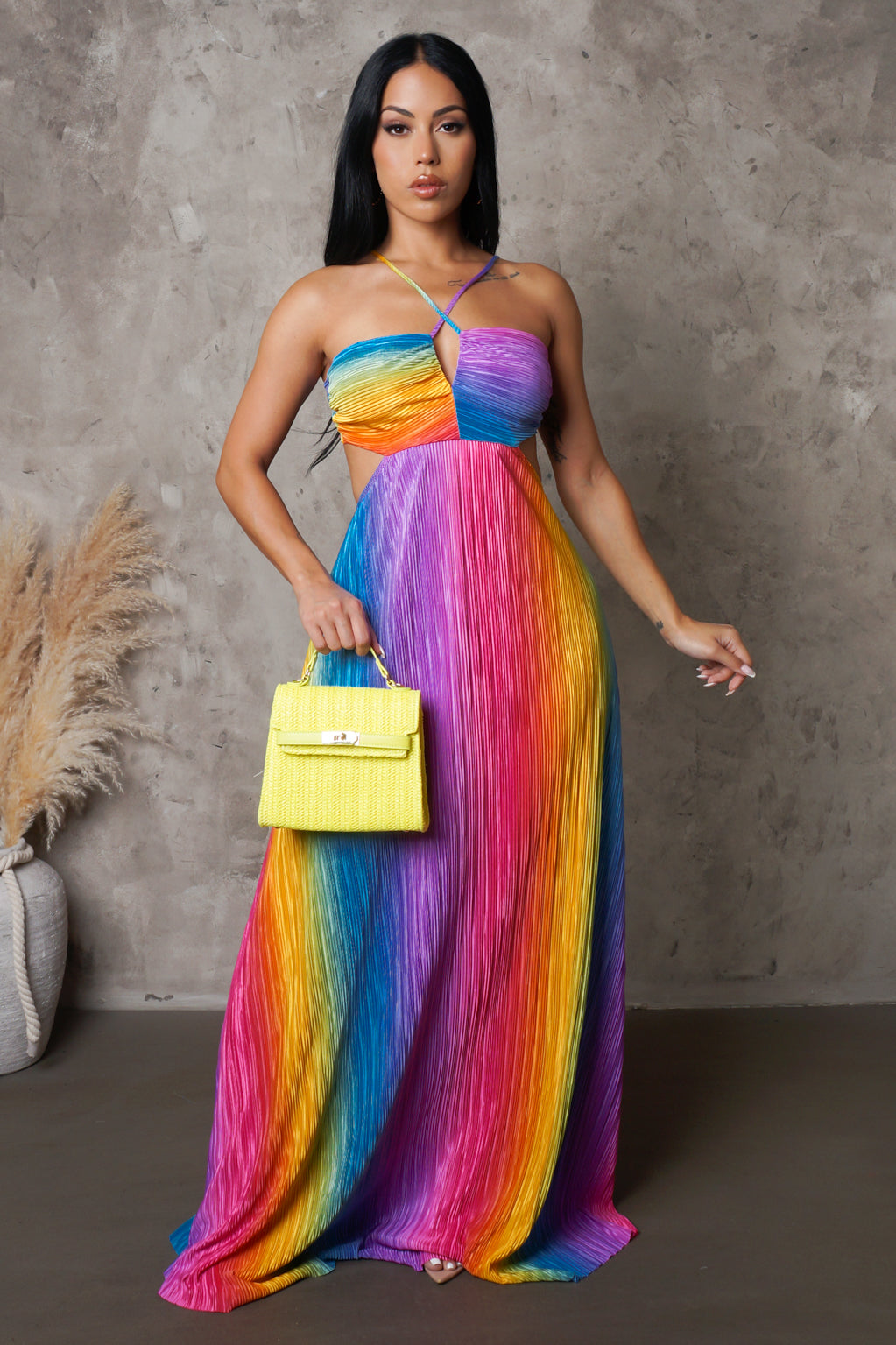 "Rays of Sunset" Halter Pleated Maxi Dress