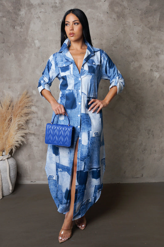 Patched-Up Denim Look Midi Dress