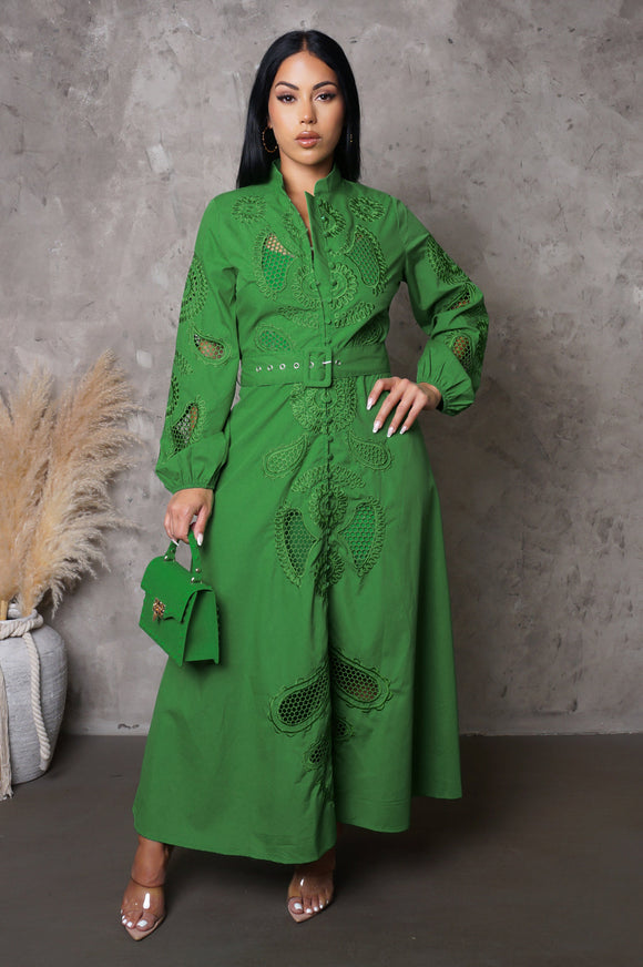 Green Belted Maxi Flare Dress