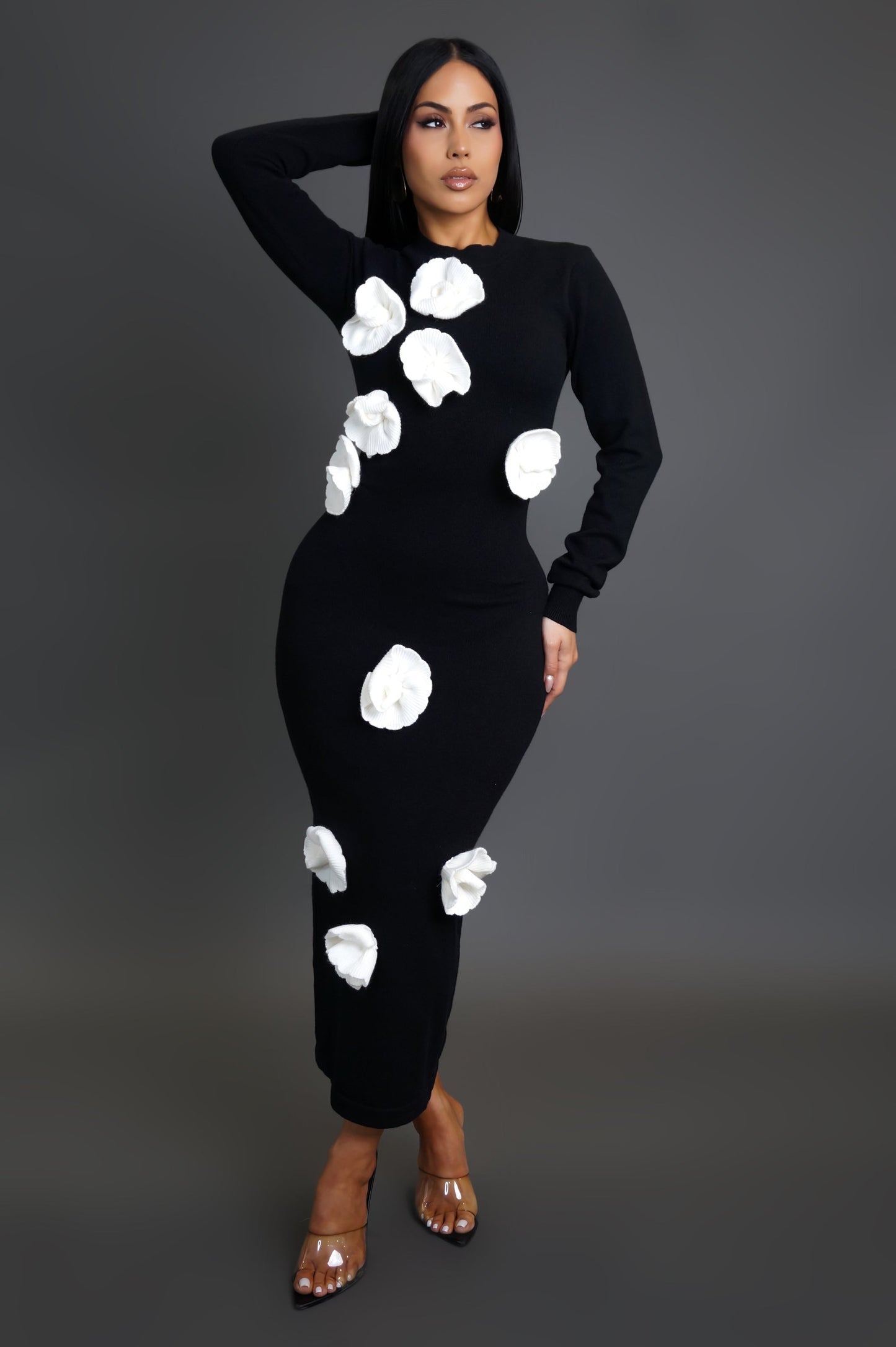 3D White Flower Petal Midi Black Dress