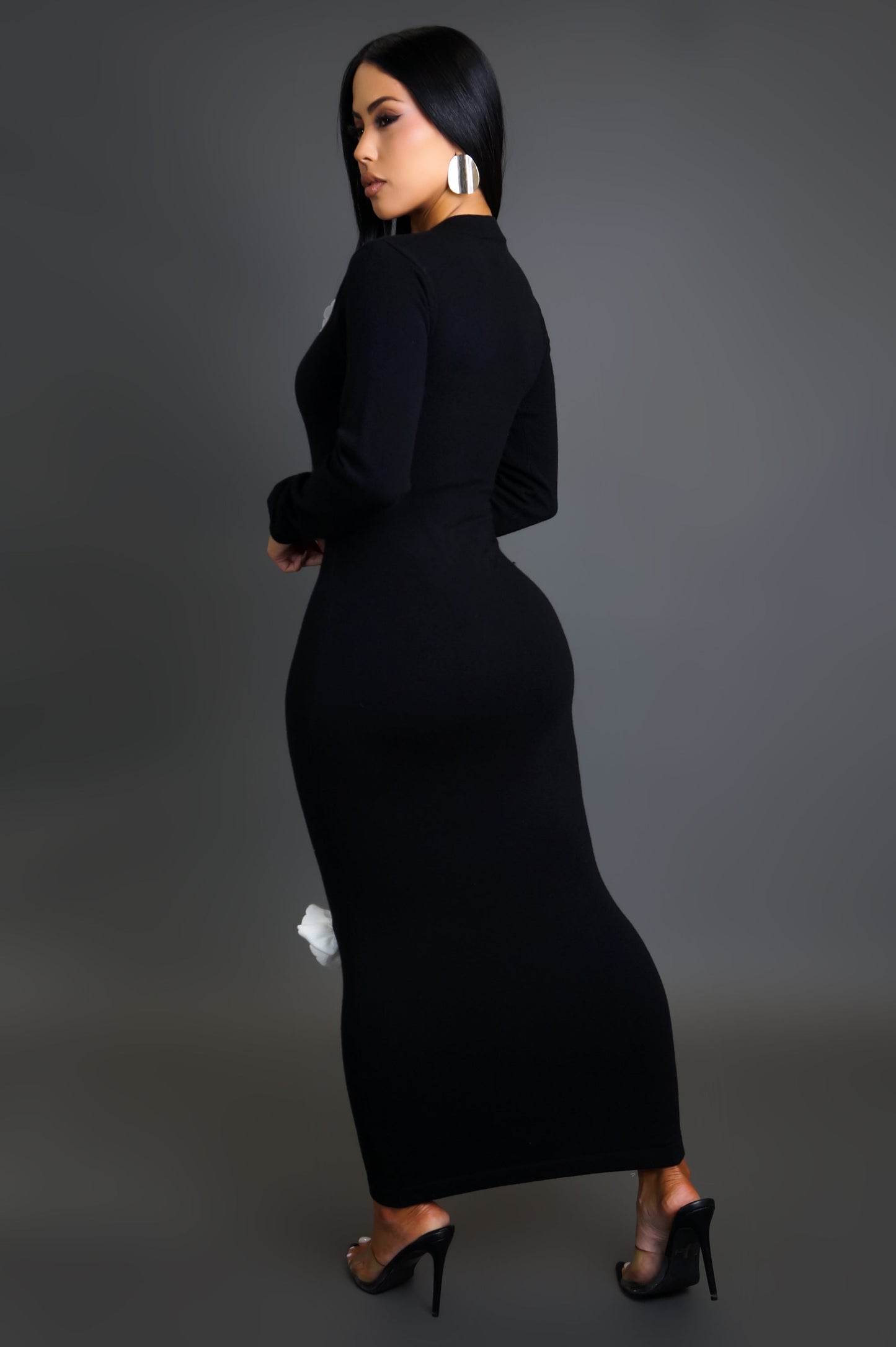 3D White Flower Petal Midi Black Dress