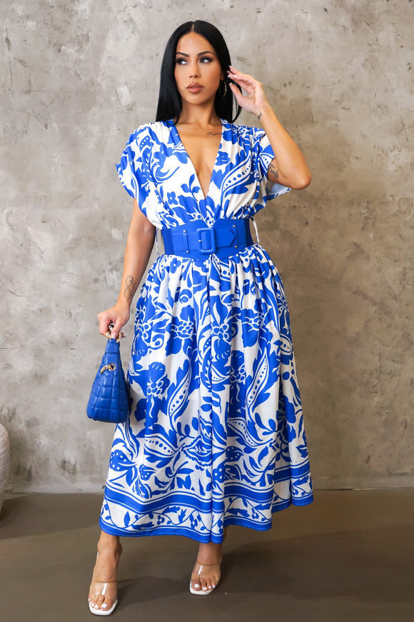 Floral Blue & White Midi Dress