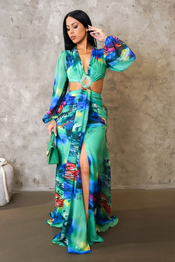 Time For Vacation Green Multi Maxi Dress