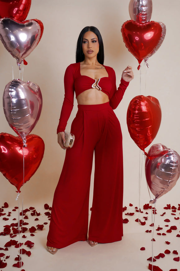 Red Wide Leg Pants & Long Sleeve Cropped Top