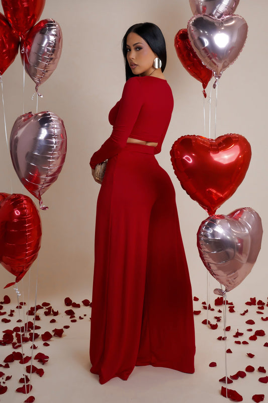 Red Wide Leg Pants & Long Sleeve Cropped Top