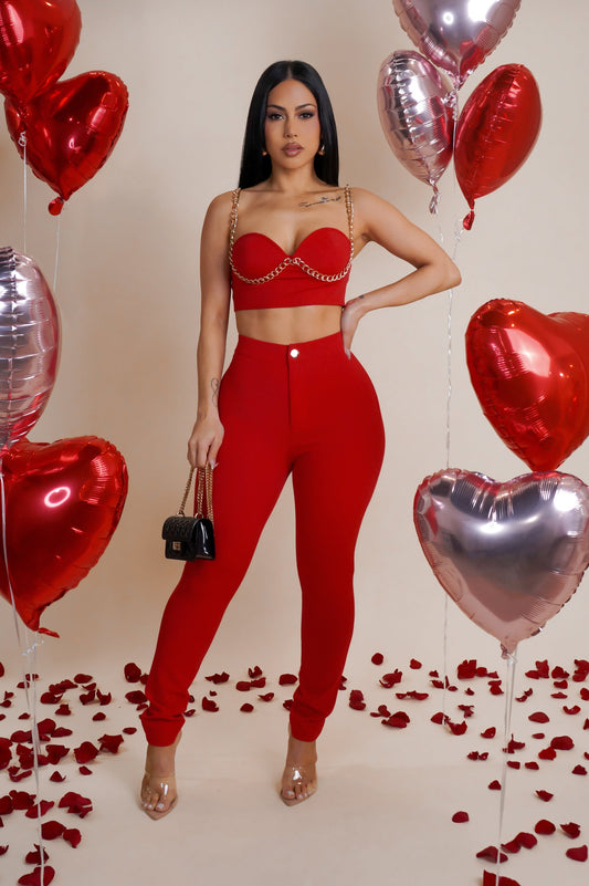 Chained Red Top & Pants Set- Red