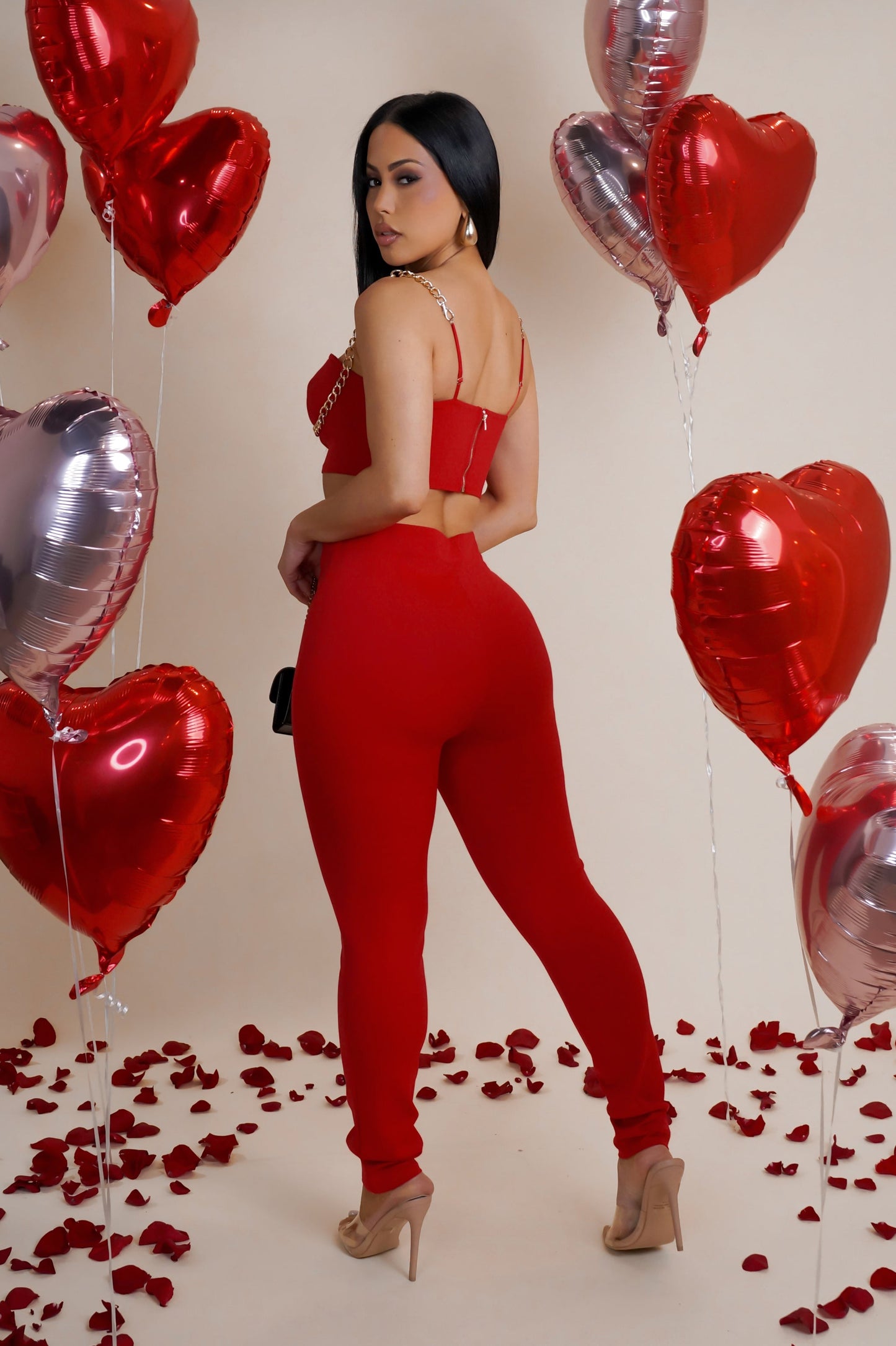Chained Red Top & Pants Set- Red