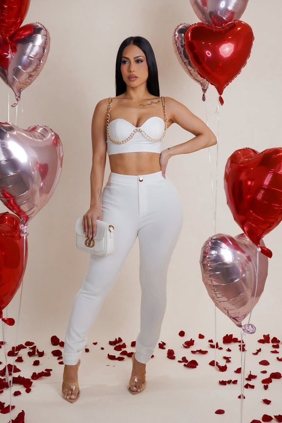 Chained Red Top & Pants Set- White