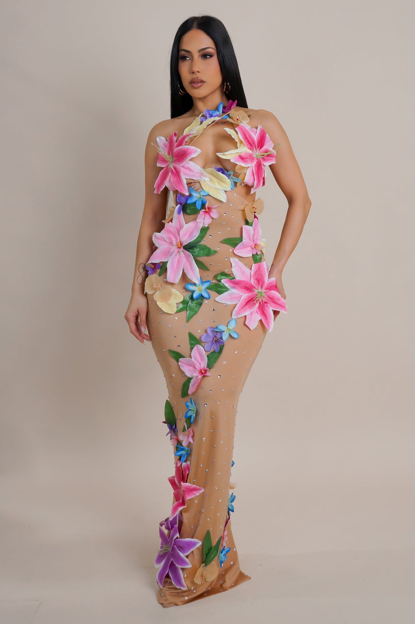 3D Stitched Flower Petal Nude Maxi Dress