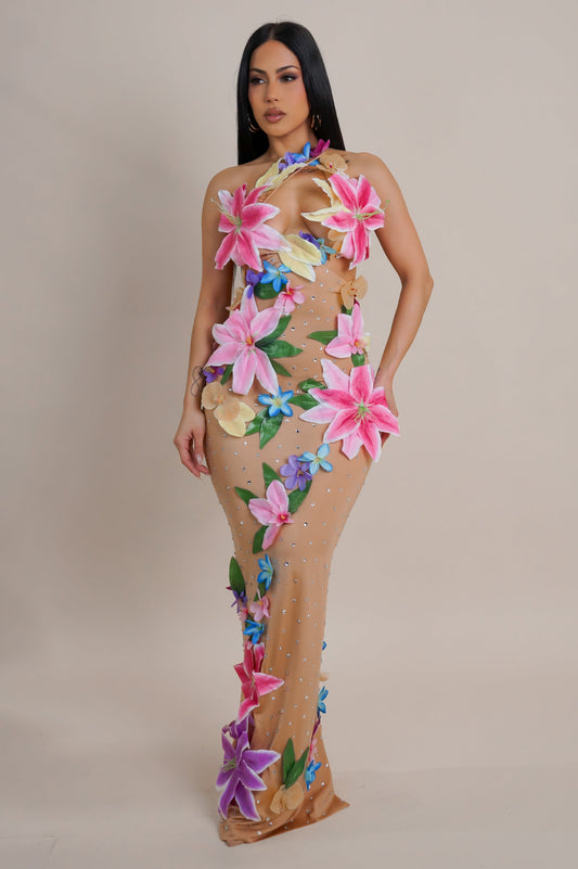 3D Stitched Flower Petal Nude Maxi Dress