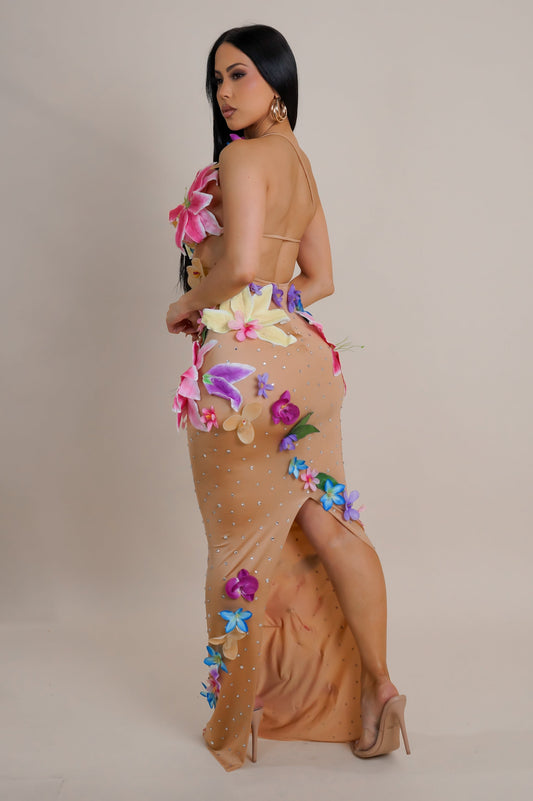 3D Stitched Flower Petal Nude Maxi Dress