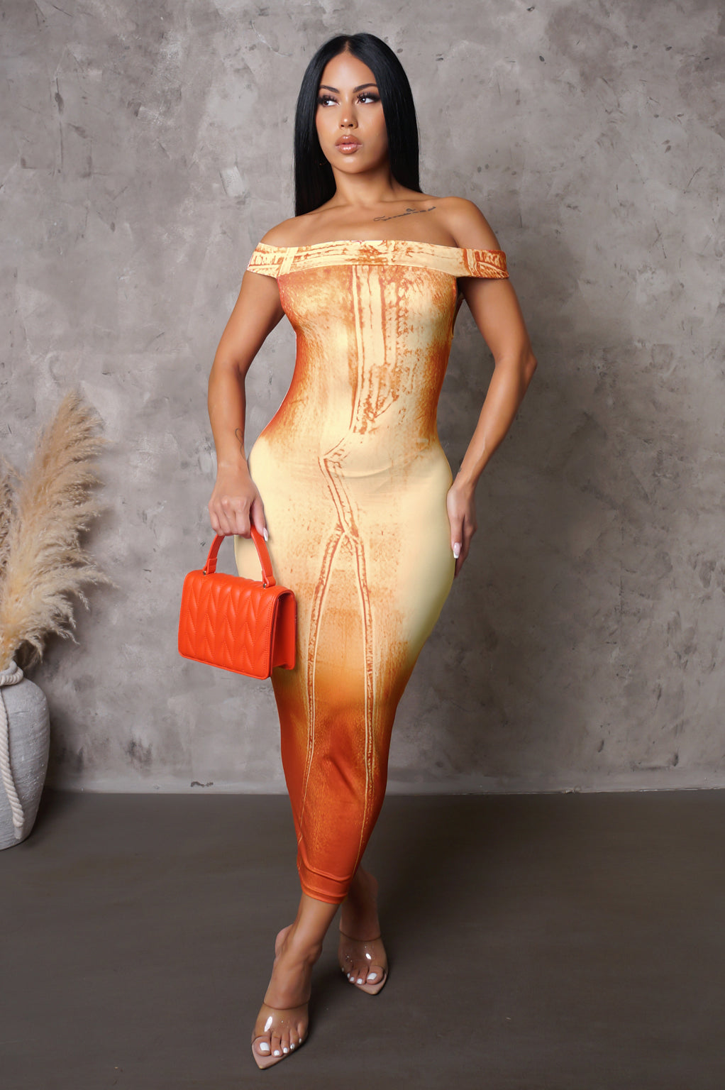 Bleached Color Midi Dress-Orange
