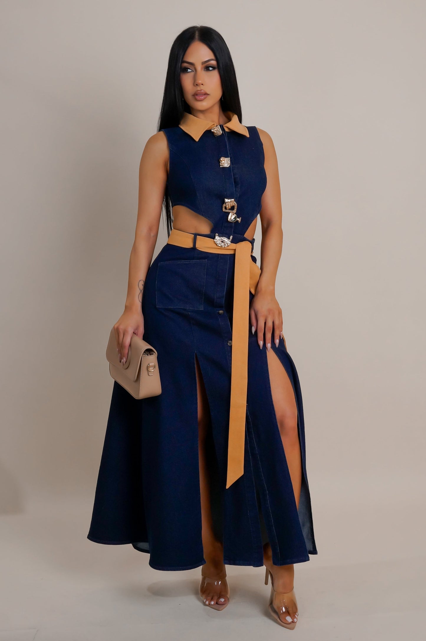 Dark Wash Denim Contrast Double Slit Maxi Dress