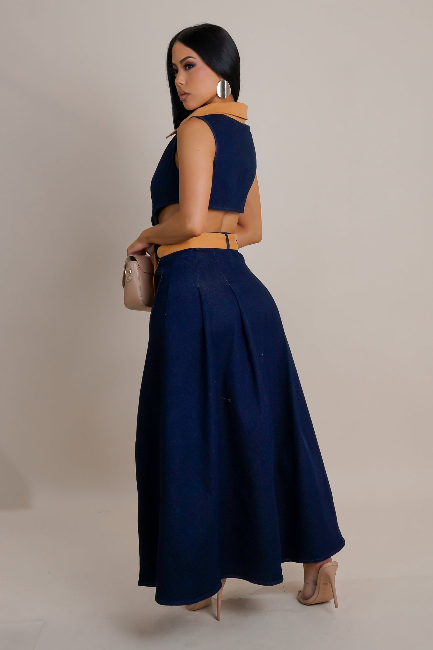 Dark Wash Denim Contrast Double Slit Maxi Dress